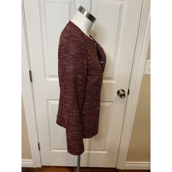 Lafayette 148 New York Red White Tweed Zip-Up Jacket w/ Leather Trim, Size M - Picture 3 of 7